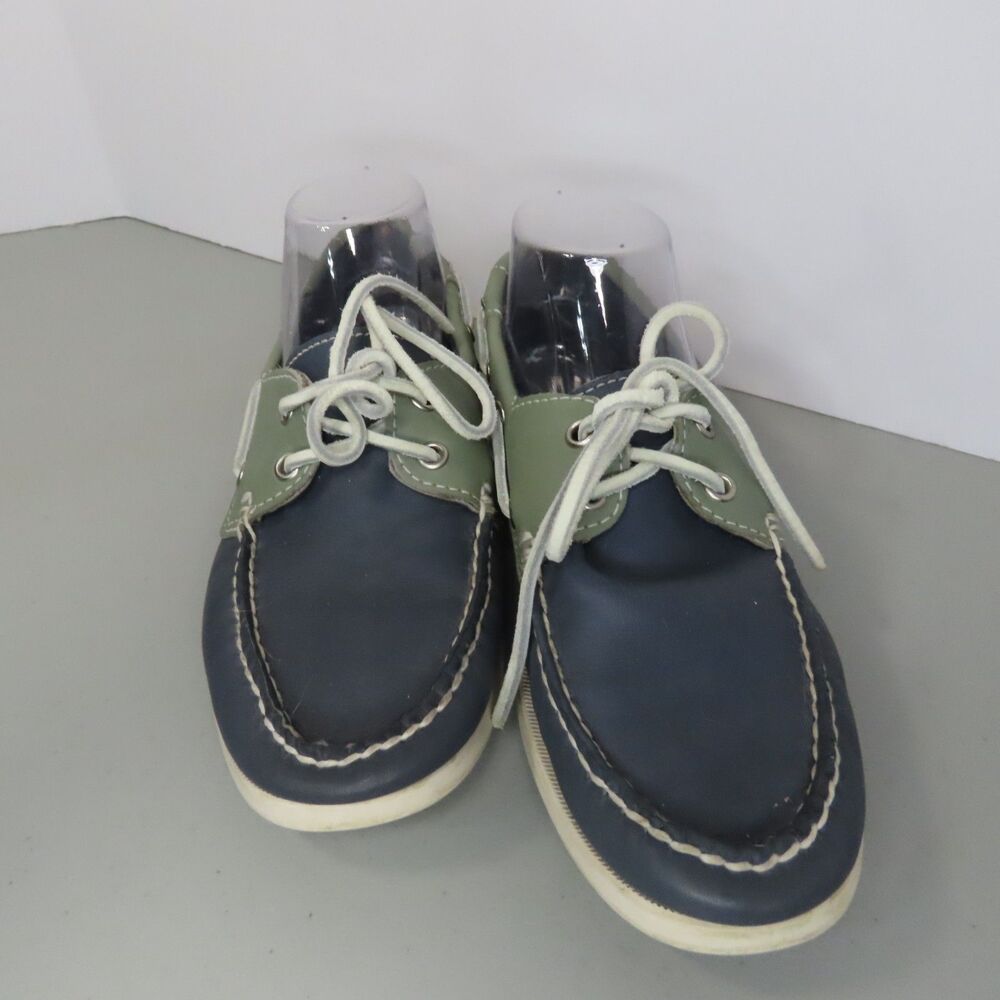 Cabelas Navy Blue Sage Green Leather Boat Shoes Mens Size 9.5 Deck Loafers
